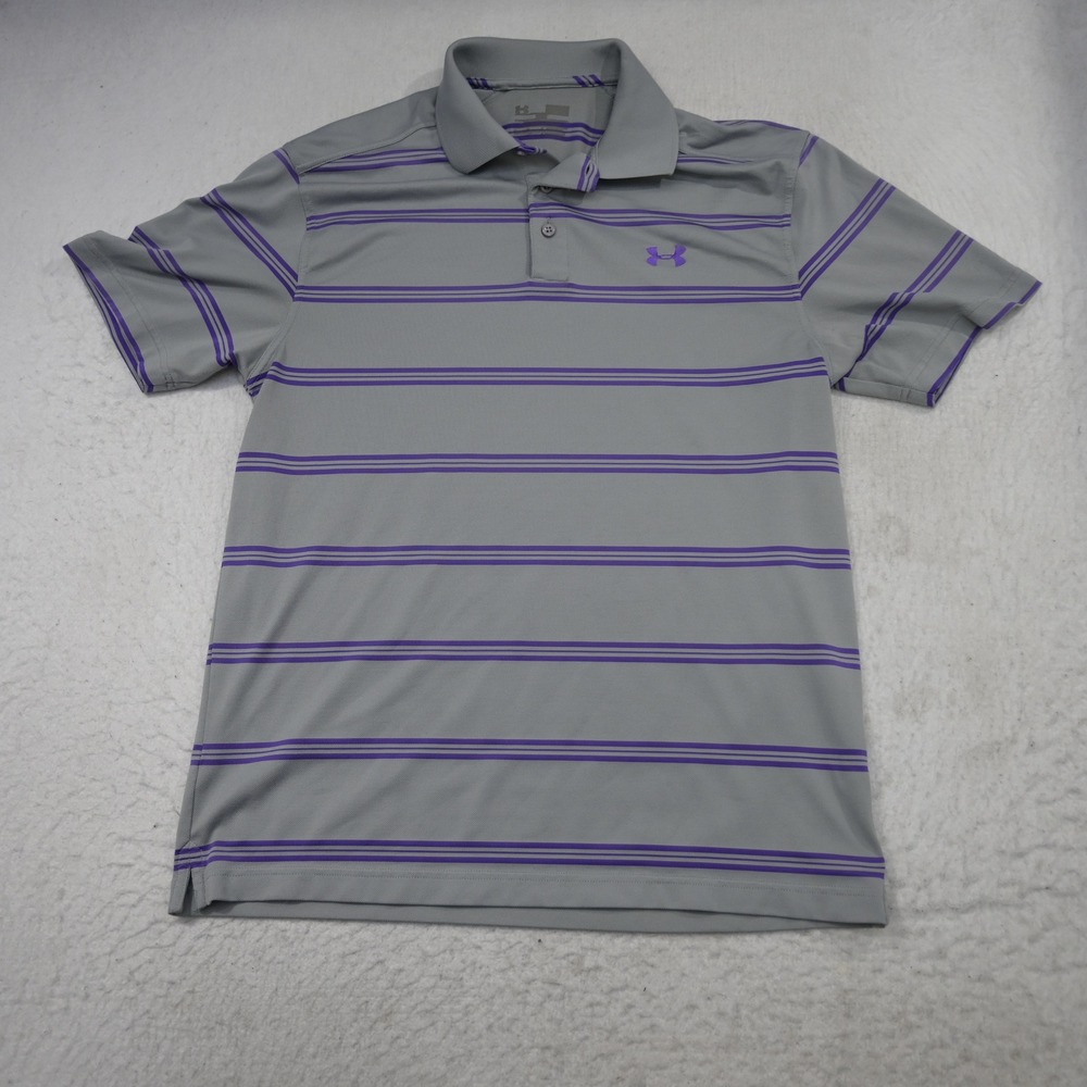 Under Armour Polo Shirt Mens Medium Gray Purple Striped Short Sleeve HeatGear - Picture 5 of 11